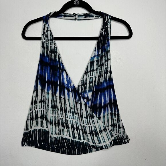 Parker Blue White Black Wales Tie Dye 100% Silk Wrap Halter Top Button VNeck L - Picture 2 of 12
